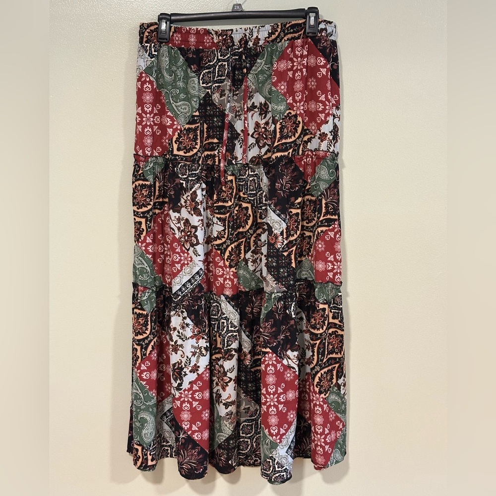 Bohemian Patchwork Maxi Skirt - Red, Green, Black